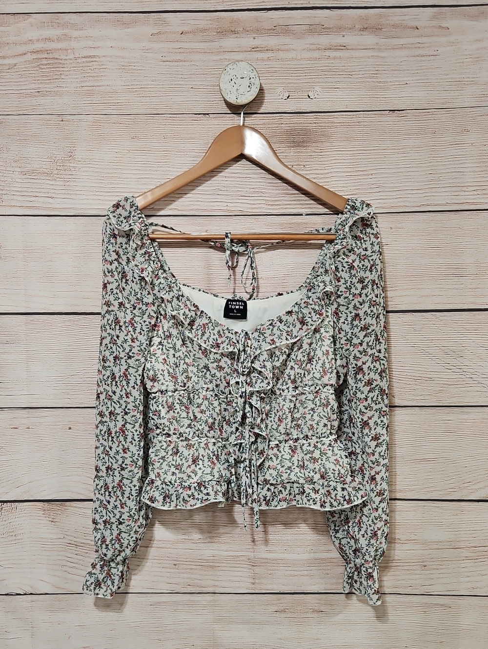 Tinseltown Floral Ruffle Tie-Front Blouse - White/Green Large